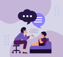 A imagem, em tons de roxo, apresenta uma terapeuta
            conversando com um paciente